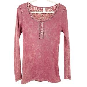 American Age Womens Y2K‎ Studded Ribbed Lace Back Long Sleeve Henley Top Size M